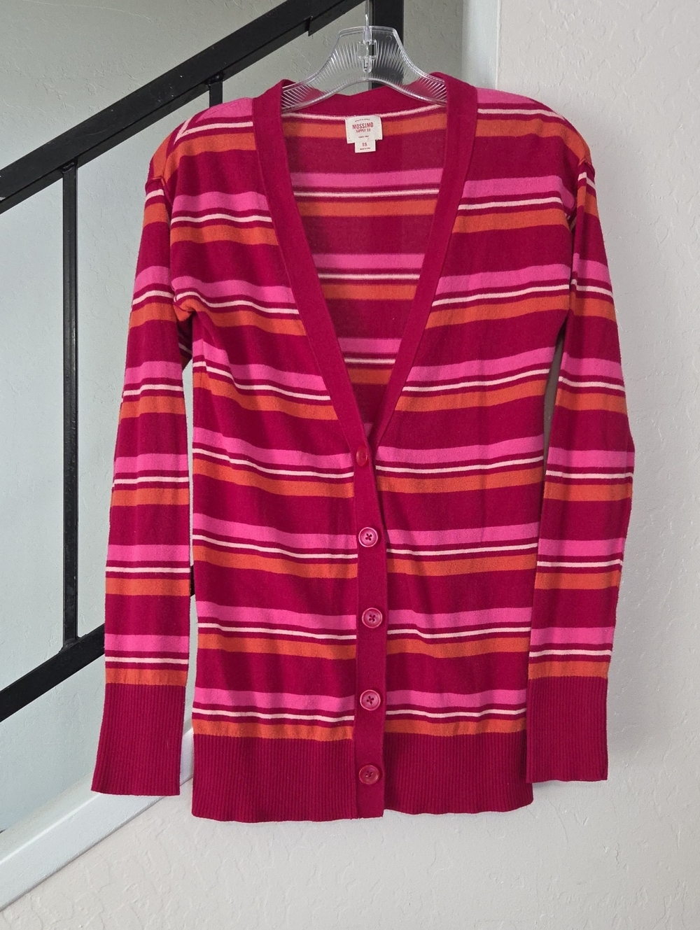 Mossimo Supply Co. Magenta Pink Orange Striped V-Neck Button Cardigan Size S